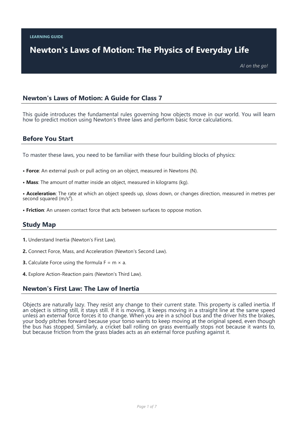 First page of the actual illustrated Newton’s laws study guide